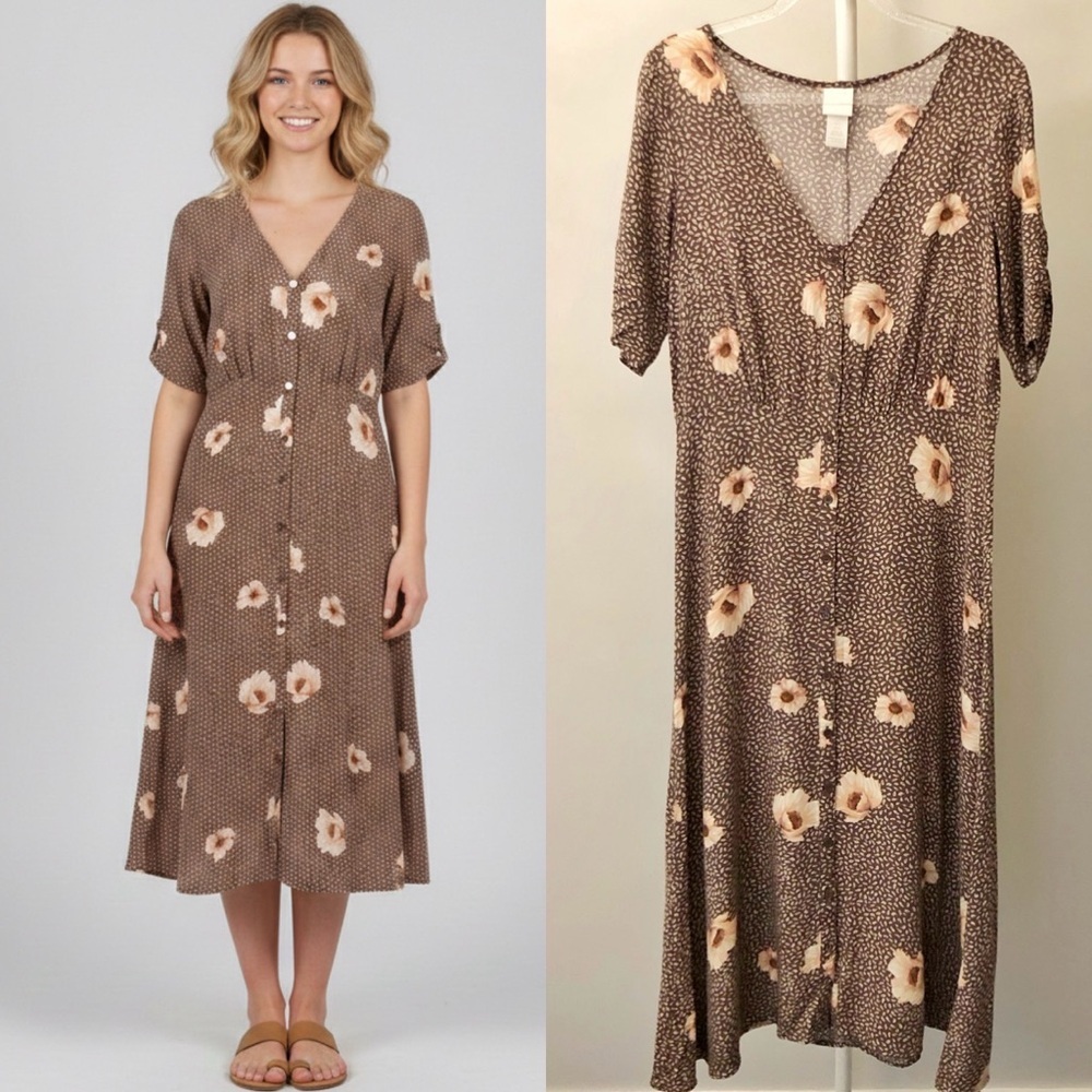 H&M Boho Feminine Cottagecore Tan Earthy Button Down Summer Festival Maxi Dress.